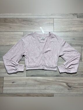 Crescent Women's Ribbed Cropped‎ Long Sleeve Button Front Top M Heather Brown